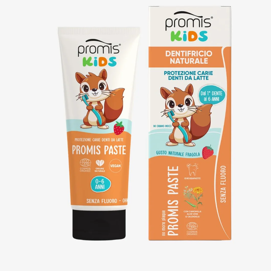 Promis Paste Kids pasta do zębów dla dzieci bez fluoru 0-6 lat, przeciw próchnicy z hydroksyapatytem, naturalna i ekologiczna, bezpieczna w przypadku połknięcia, truskawki, na zęby mleczne