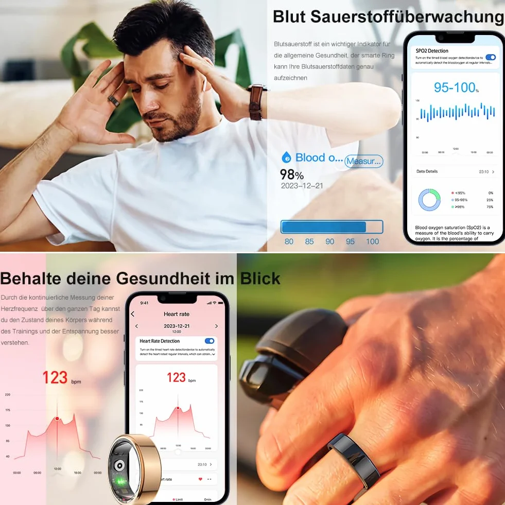 Smart Ring Fitness Tracker, 24h Heart Rate Blood Oxygen, lekki i stylowy, wodoodporny Bluetooth 5ATM, kompatybilny z systemem Android i iOS, 4-6 Days Battery Life, zegarek fitness dla kobiet i