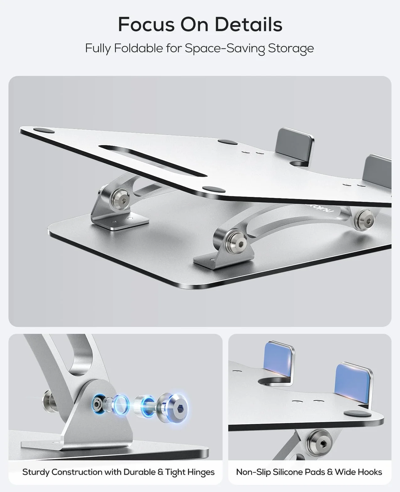 Nulaxy w pełni regulowany stojak na laptop – podwójnie składany podwyższenie z aluminium z otworami wentylacyjnymi, ergonomiczny organizer na notebooki, przenośne akcesorium biurowe, srebrny