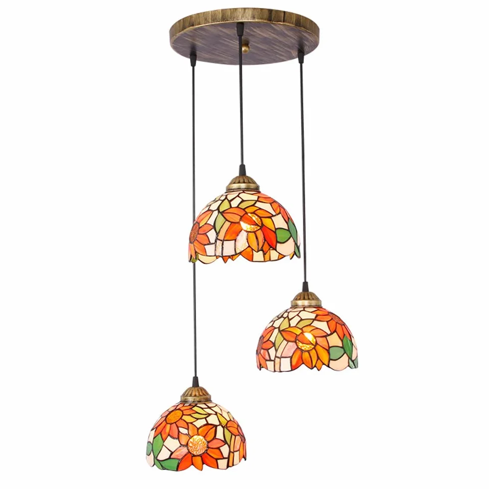 Antique Style witrażowa lampa wisząca na wyspie kuchennej, jadalni lub barze, okrągła podstawa.