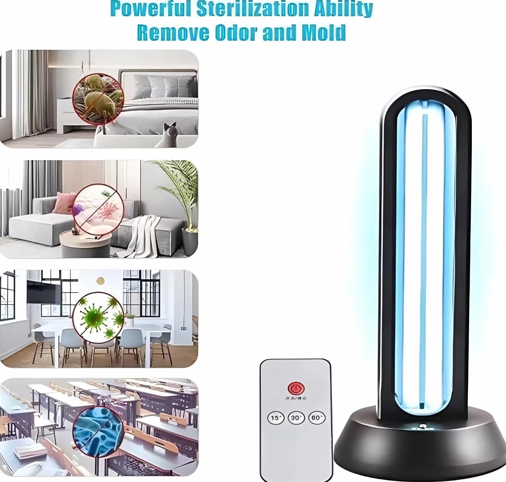 HYLR UVC lampa bakteriobójcza 65 W, pilot zdalnego sterowania, timer, sterylizator UV, sterylizator UV, sterylizator antybakteryjny, 99%, usuwa pleśń, grypę, bakterie, kurz, roztocza, zarazki