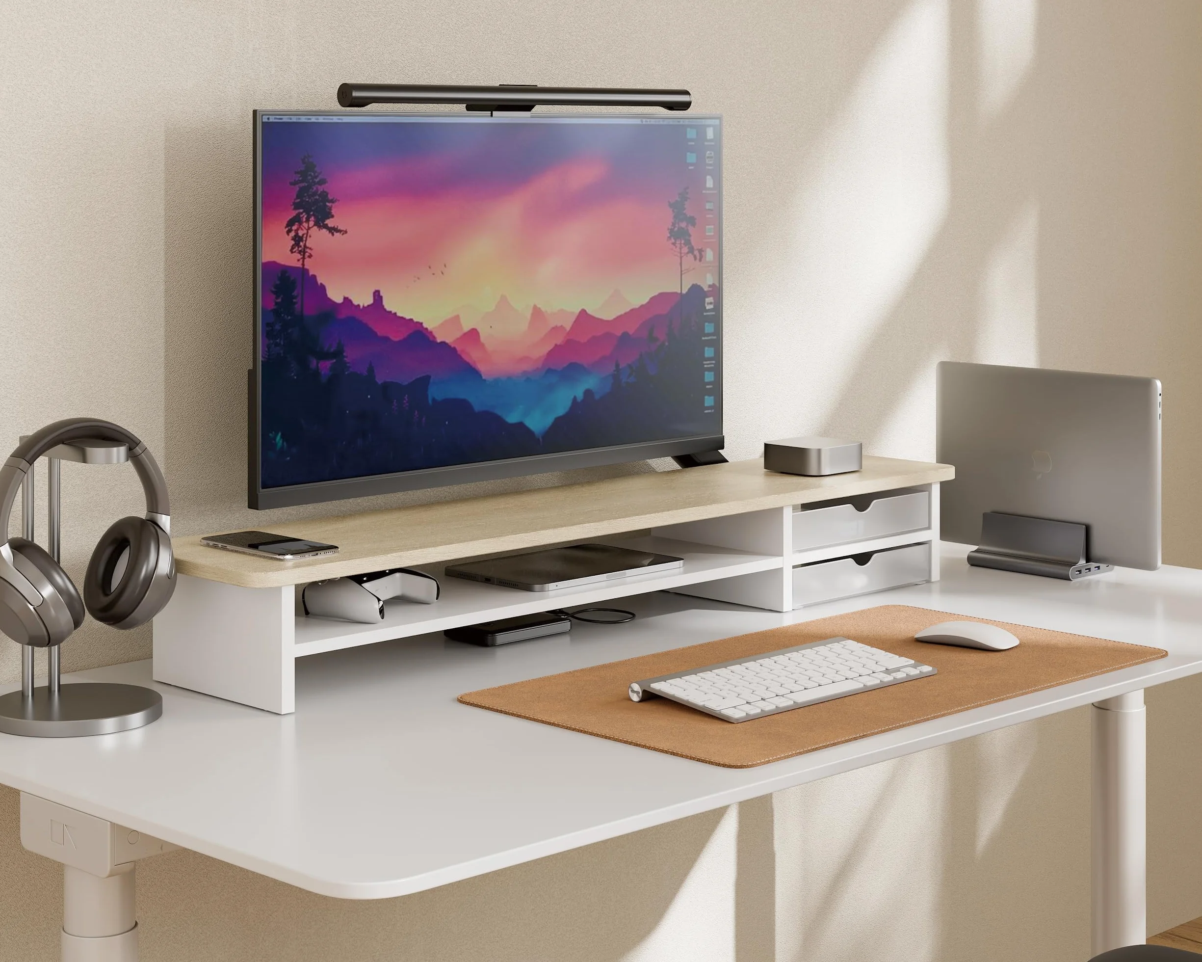 Fenge Podnośnik do dwóch monitorów 108 cm z szufladami akrylowymi dąb biały