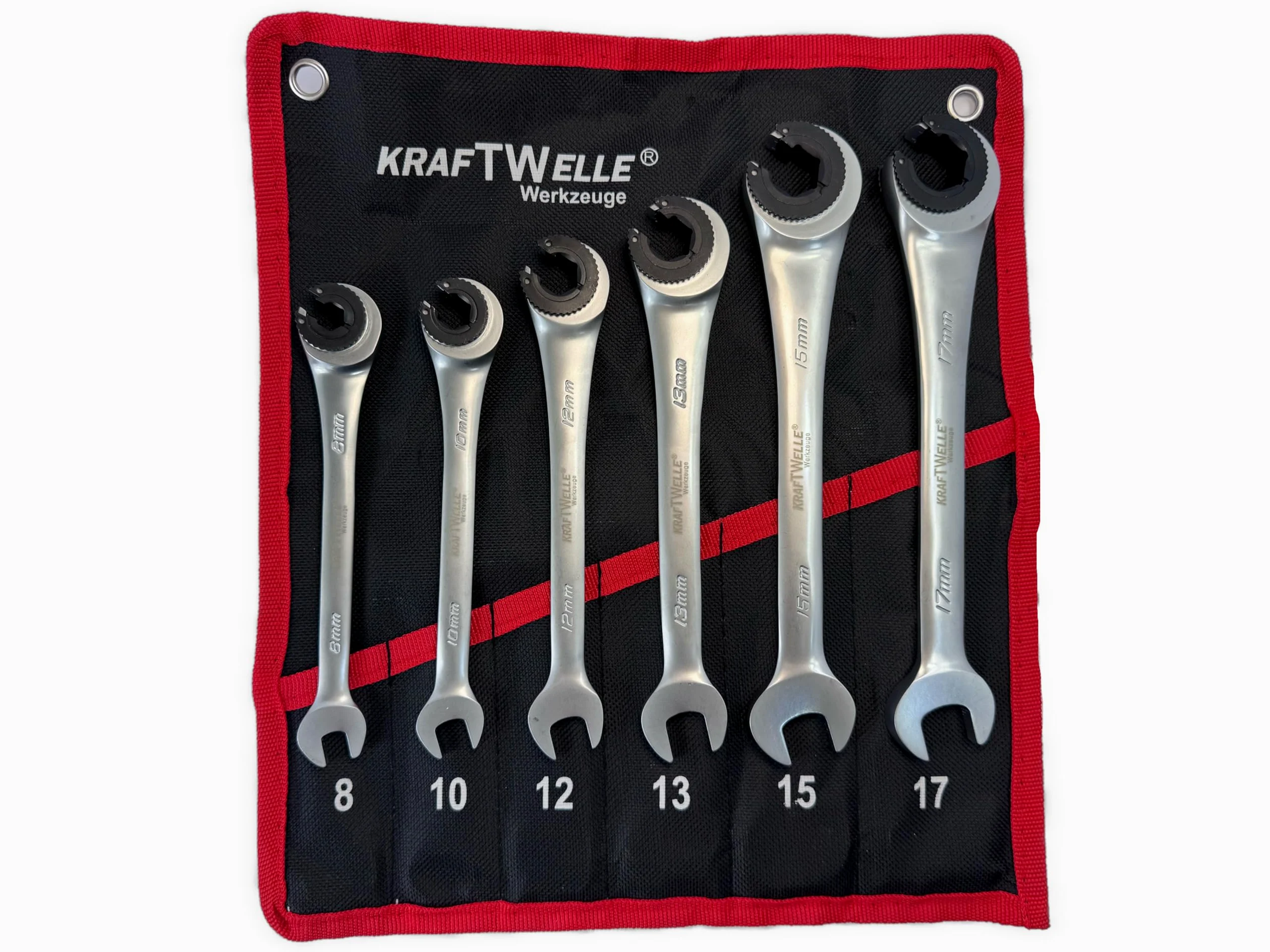 Kraftwelle 6-częściowy zestaw kluczy grzechotkowych z otwartą głowicą do przewodów hamulcowych i hydraulicznych/węży/szerokości klucza 8-17 mm z grzechotką, klucz hydrauliczny, klucz do przewodów