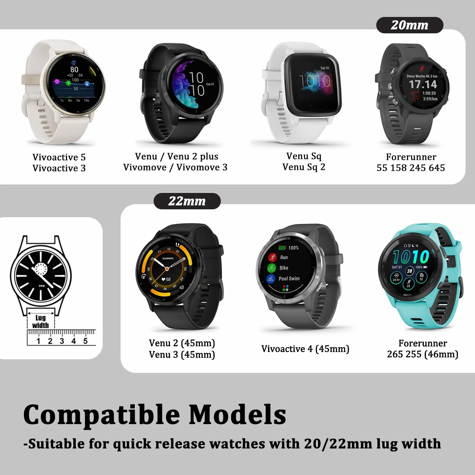 AK Pasek do zegarka Garmin Vivoactive 5 / Vivoactive 3, 20 mm Quick Release, nylonowy pasek zamienny do Garmin Vivoactive 5/Vivoactive 3/Forerunner 55/245/645 dla kobiet i mężczyzn