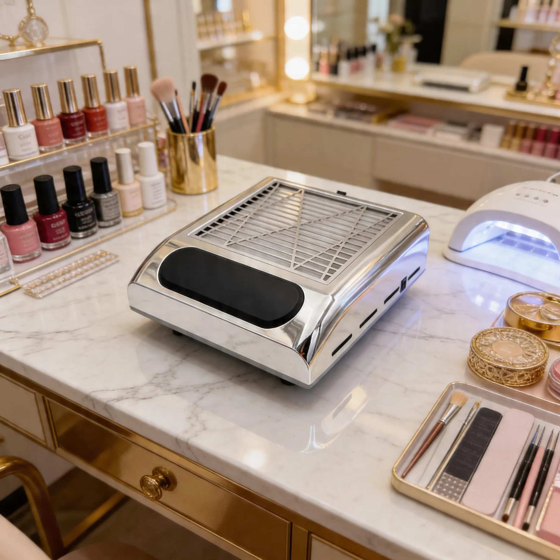 Pochłaniacz Pyłu do Paznokci 80W, Bezworkowy, Filtr Kasetowy, do Manicure, Srebrny, do Domu i Salonu