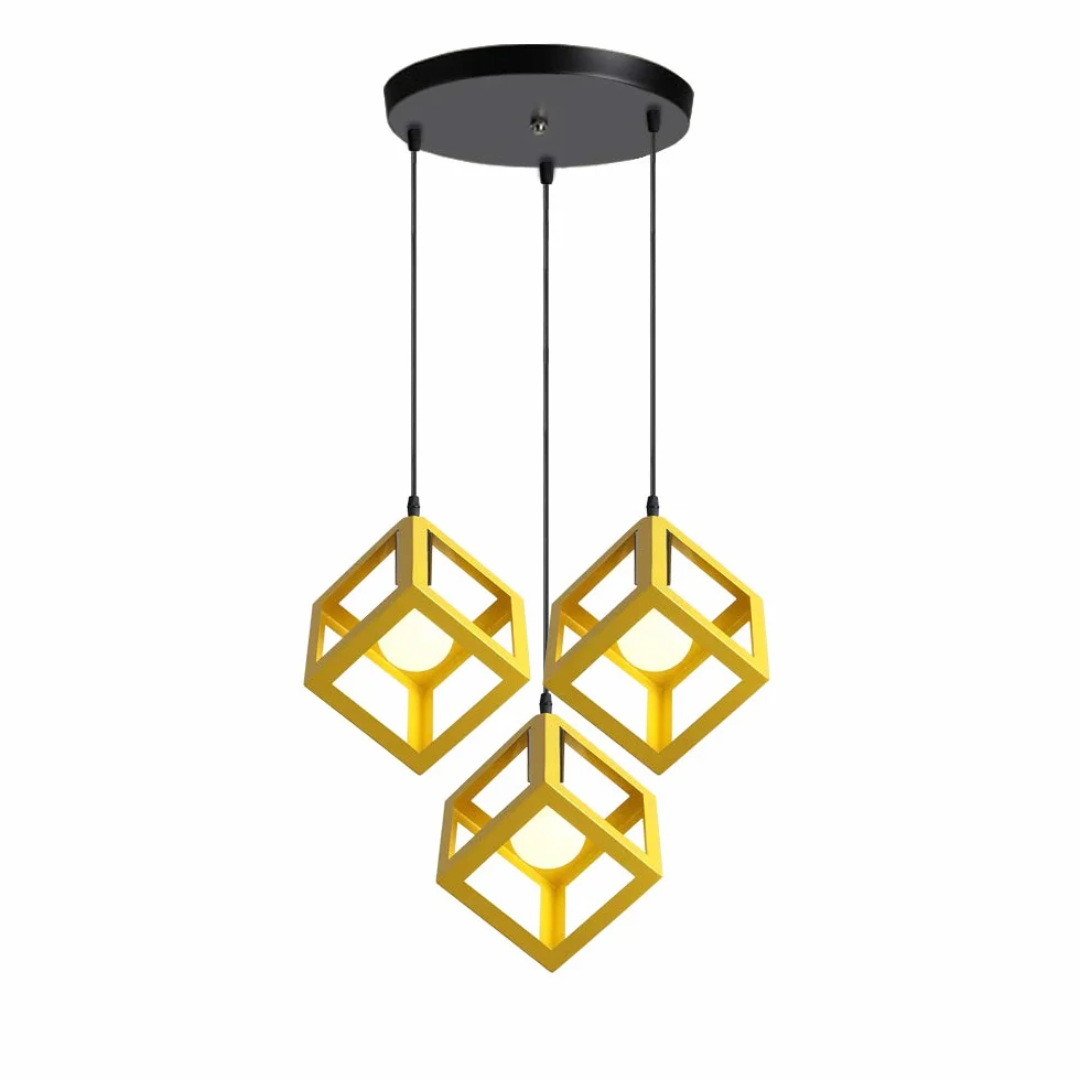 iDEGU 3 Światła Żyrandol Wisiorek Vintage Styl Geometryczny Lampa Wisząca Oprawa w kształcie kostki Metalowa lampa sufitowa do sypialni, salonu, jadalni, kuchni - 16 cm, żółta