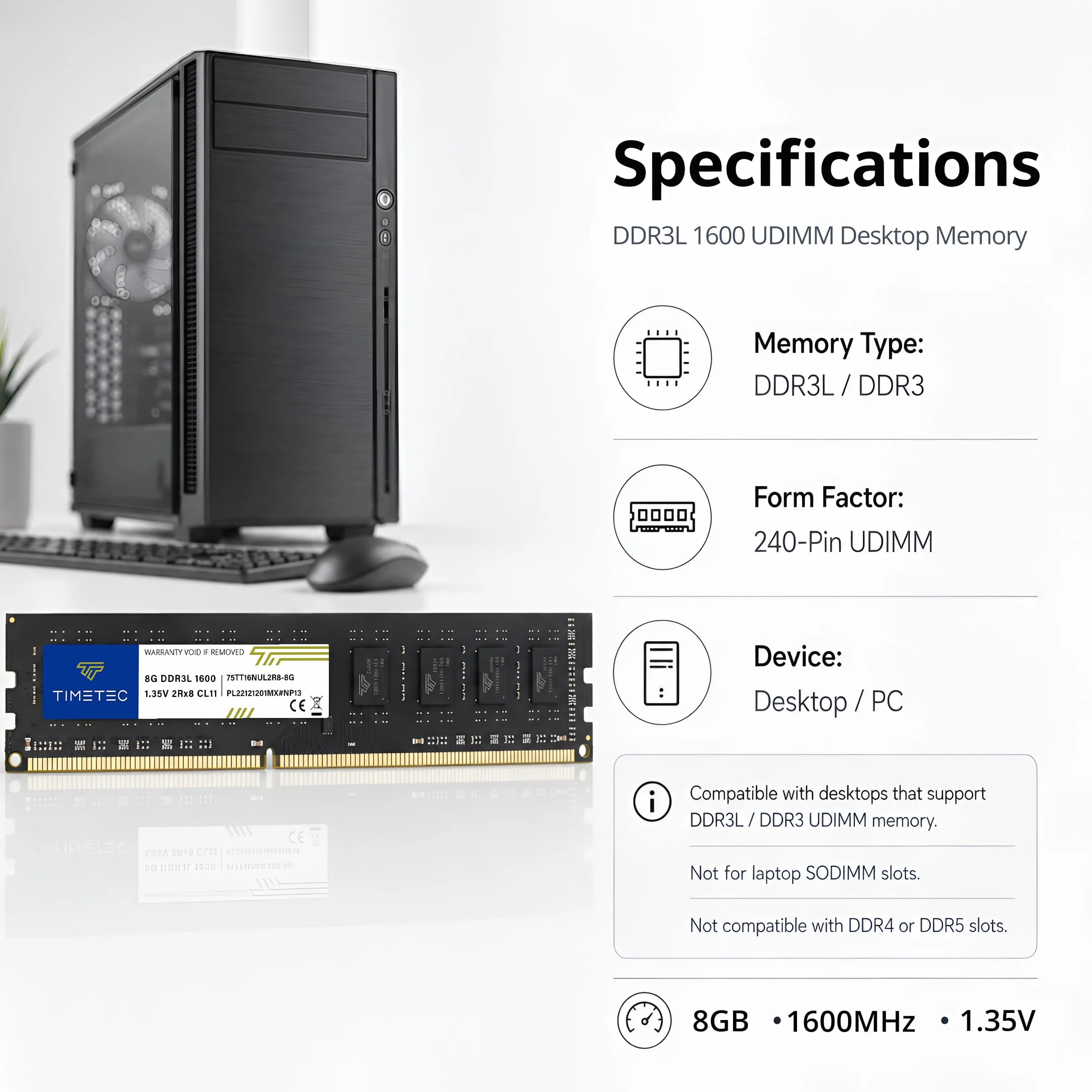 Timetec Hynix IC DDR3 PC3-12800 1600 MHz bez ECC niebuforowany 1,35 V/1,5 V podwójna ranga 240-pinowy UDIMM komputer stacjonarny pamięć RAM moduł (zestaw 32 GB (4 x 8 GB))