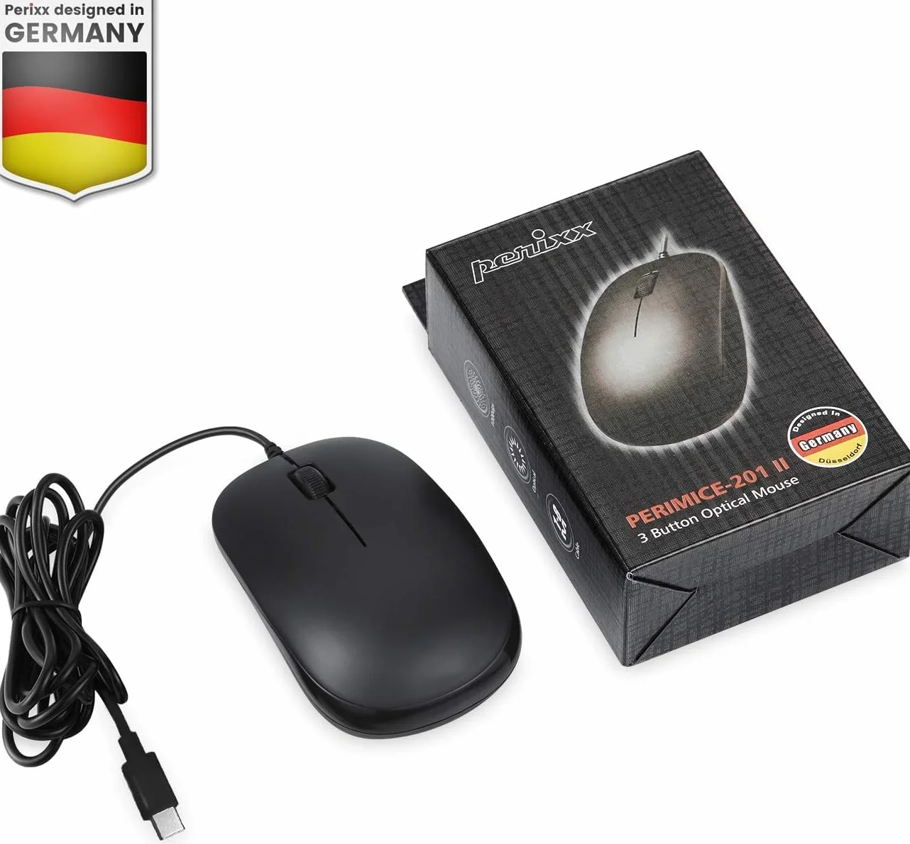 Perixx PERIMICE-201C Przewodowa mysz optyczna USB-C 3 przyciski 800 DPI Czarna