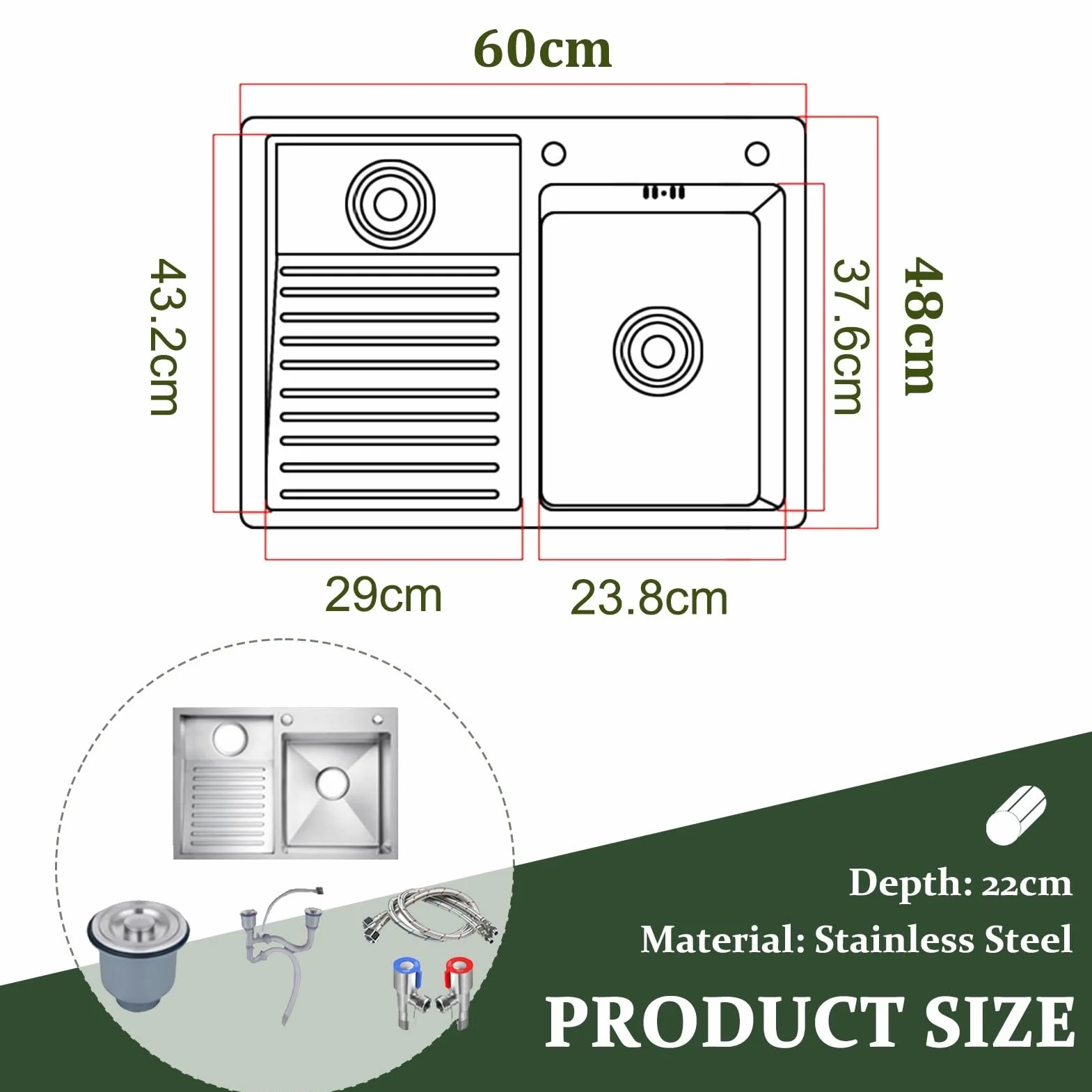 Stainless Steel Laundry Sink With Washboard – Handmade Utility Basin For Laundry Room, Workshop & Garage – Durable Brushed Finish, Deep Basin With Efficient Drainage(Left-a,60cm)
