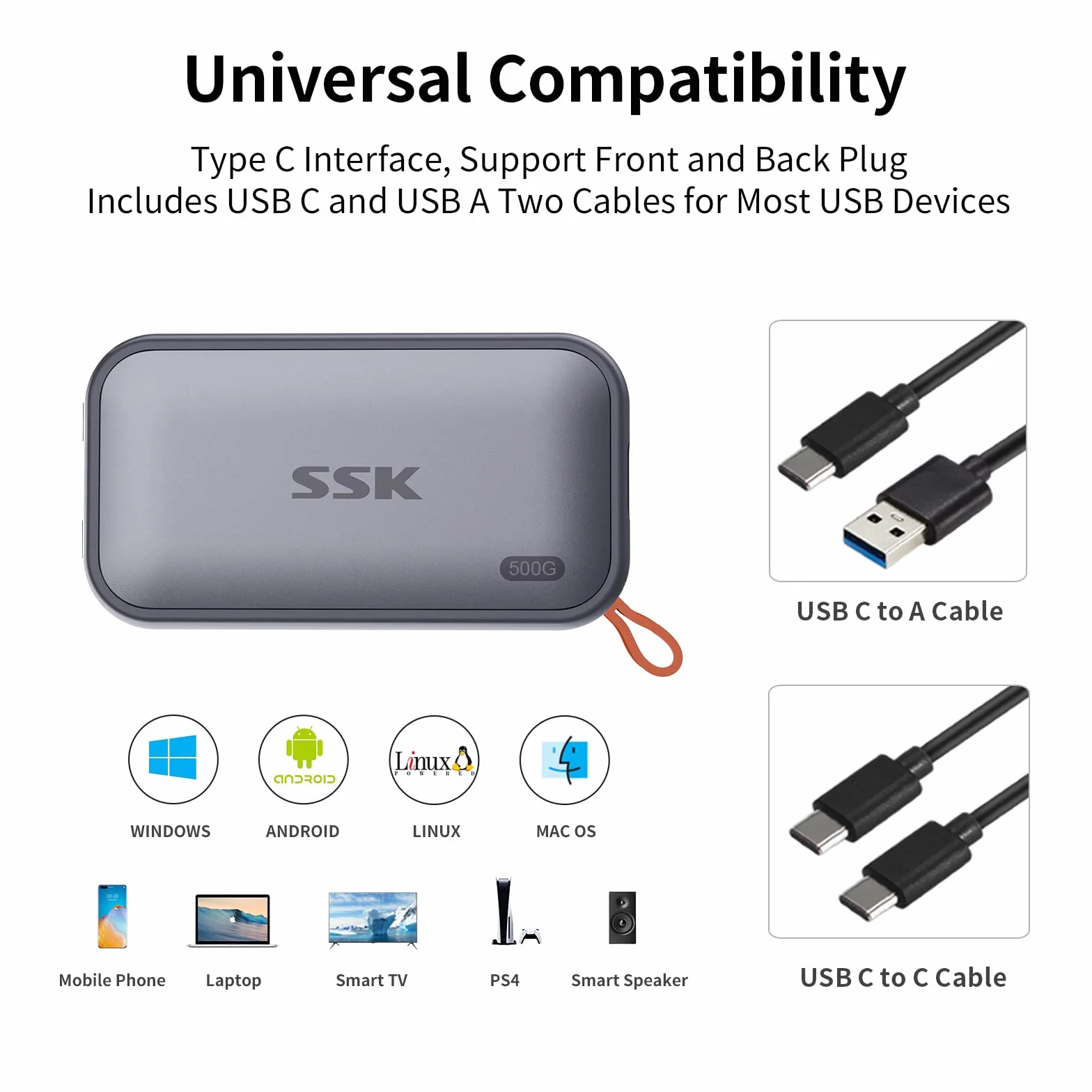 SSK Zewnętrzny przenośny dysk SSD 500GB z pamięcią NVME ekstremalna prędkość transmisji do 1050 MB/s, USB typu C 3.2 Gen 2, do smartfonów typu C, PS5, Xbox, laptopów, macbooków/Pro i innych urządzeń