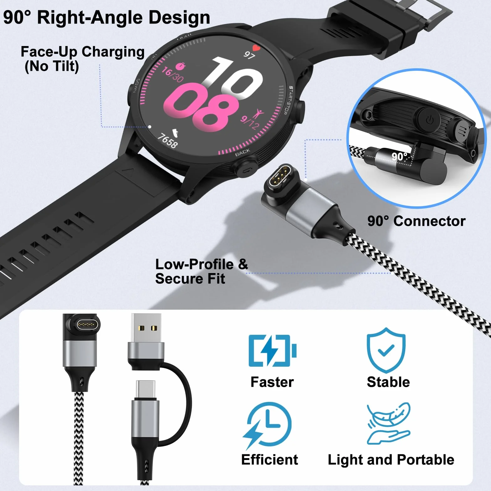 Adapter USB C do zegarka Garmin, kabel ładujący do Fenix 8 E 7 7X 7S Sapphire Solar, Forerunner 970 965 955 570 265 255 165 55 45, Vivoactive 6 5 4 Czarny/Biały