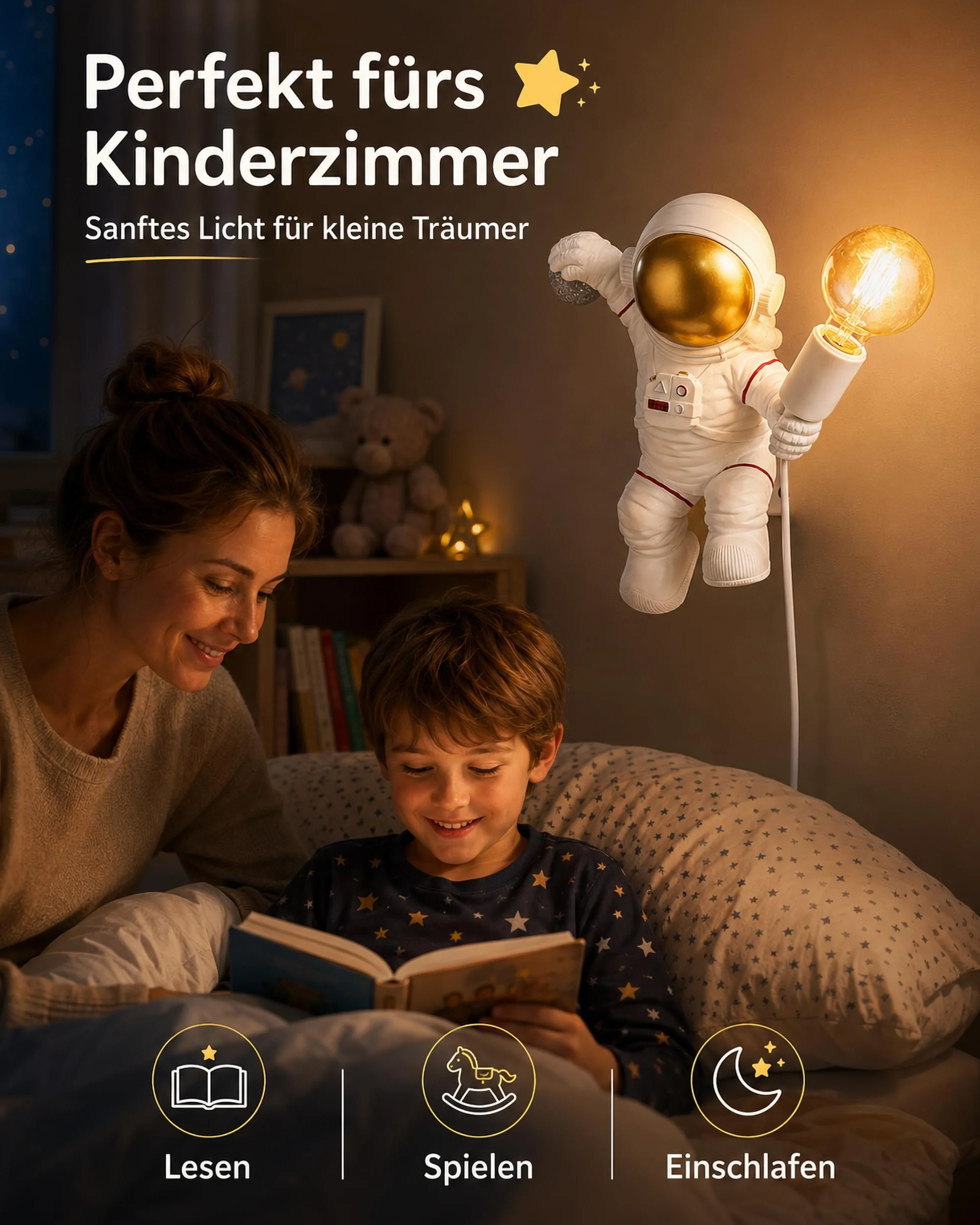 ACMHNC Kinkiet dziecięcy z wtyczką i przełącznikiem, astronautów lampa ścienna do pokoju dziecięcego z kablem 1,5 M, oświetlenie ścienne w pomieszczeniach dla chłopców i dziewcząt, E27, biała