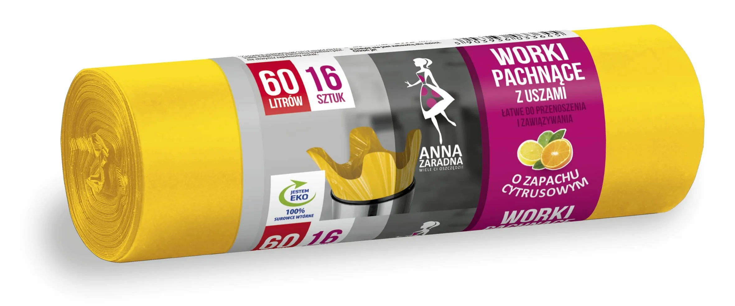 ANNA ZARADNA worki na śmieci z uszami zapach CYTRUSOWY, 60 l, 16 sztuk, do biura, z folii HDLD, wyprodukowano z surowców wtórnych, kolor: żółty