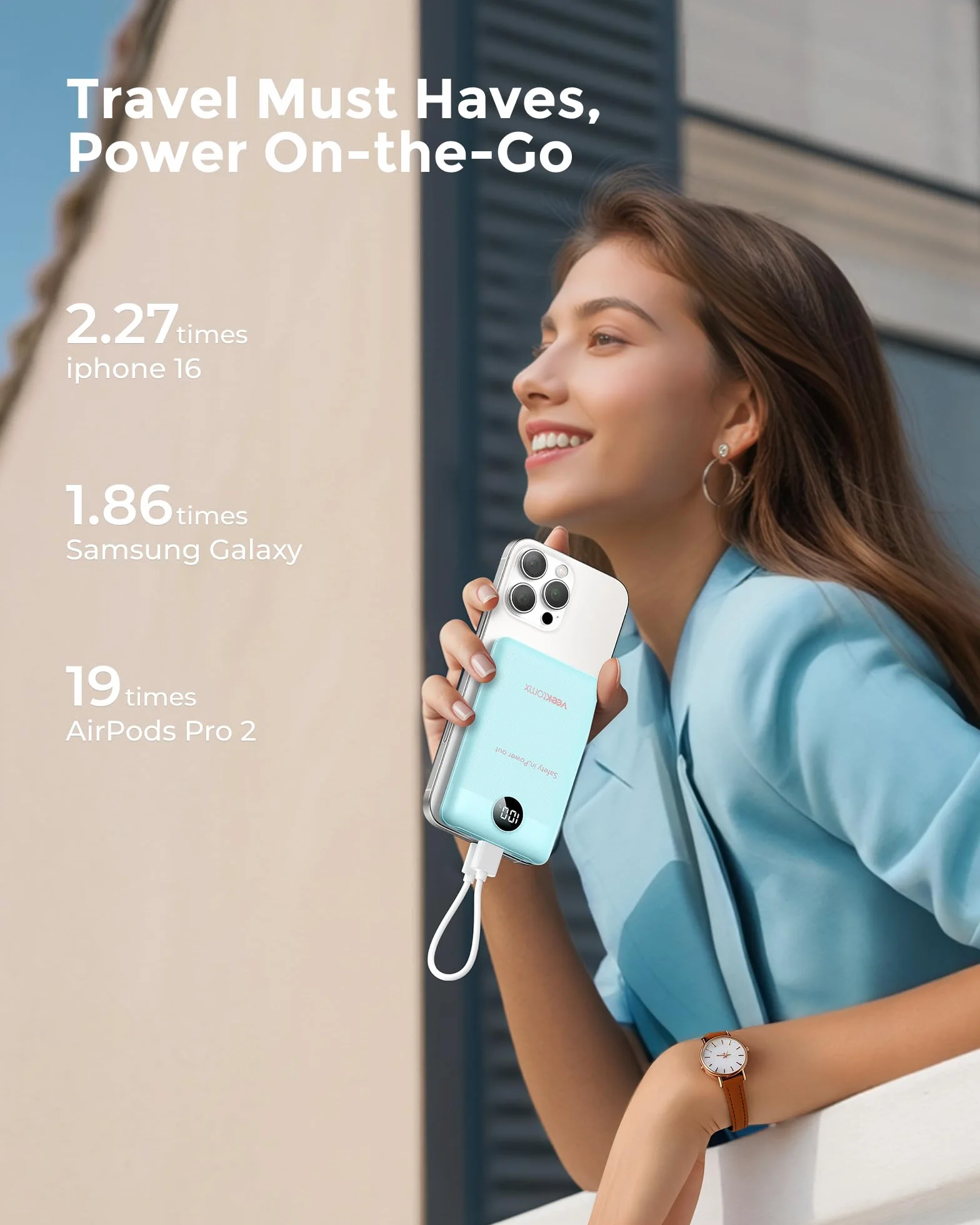 VEEKTOMX Mini Power Bank 10000mAh 22.5W Quick Charge PD 3.0 Szybkie Ładowanie Zewnętrzna Bateria Kompaktowa Ładowarka iPhone 16 (Blue)