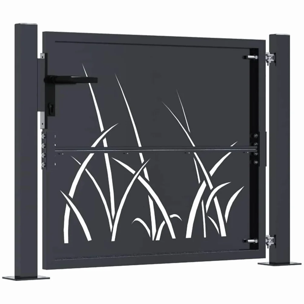 vidaXL Furtka ogrodowa, antracytowa, 100x75 cm, stal, motyw trawy