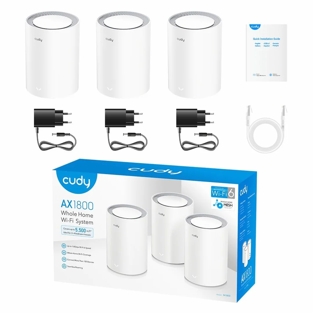Cudy Router WiFi 6 Mesh WiFi, AX1800 Whole Home Mesh WiFi System Gigabit WiFi 6 VPN Router i przedłużacz, Kontrola rodzicielska, Open VPN, 3 Pakiet, zestaw 3 sztuki, bezprzewodowy, M1800, biały