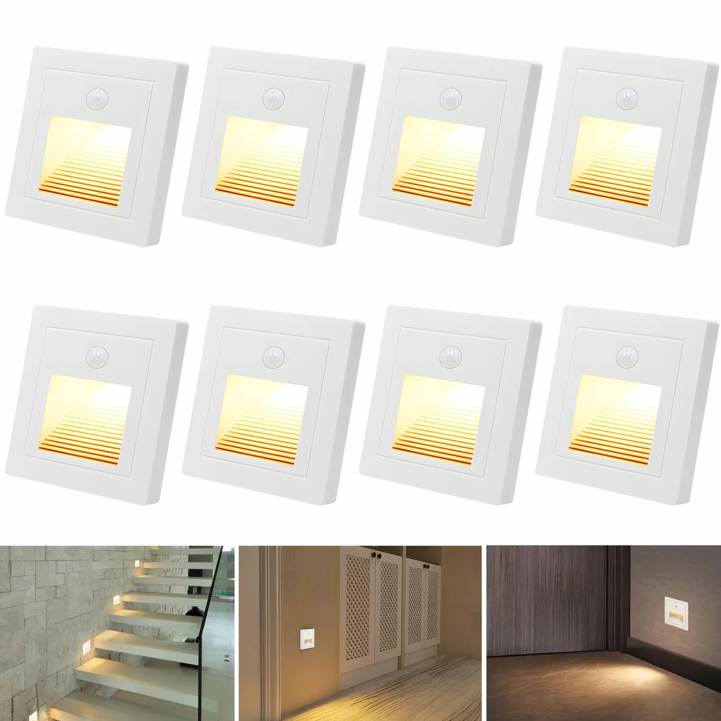 8 x 1,5W LED oświetlenie schodów z czujnikiem ruchu lampa ścienna ciepła biel lampa ścienna reflektor biała, do puszki podtynkowej okrągłej 60 mm, kwadratowej 86 mm 230 V użytku wewnętrznego