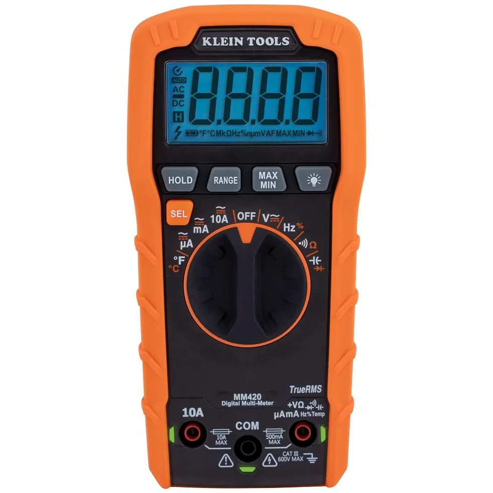 Klein Tools MM420 multimetr cyfrowy, automatyczny multimetr TRMS, napięcie 600 V AC/DC, prąd 10 A AC/DC, rezystancja 50 MHz, pomarańczowy/czarny