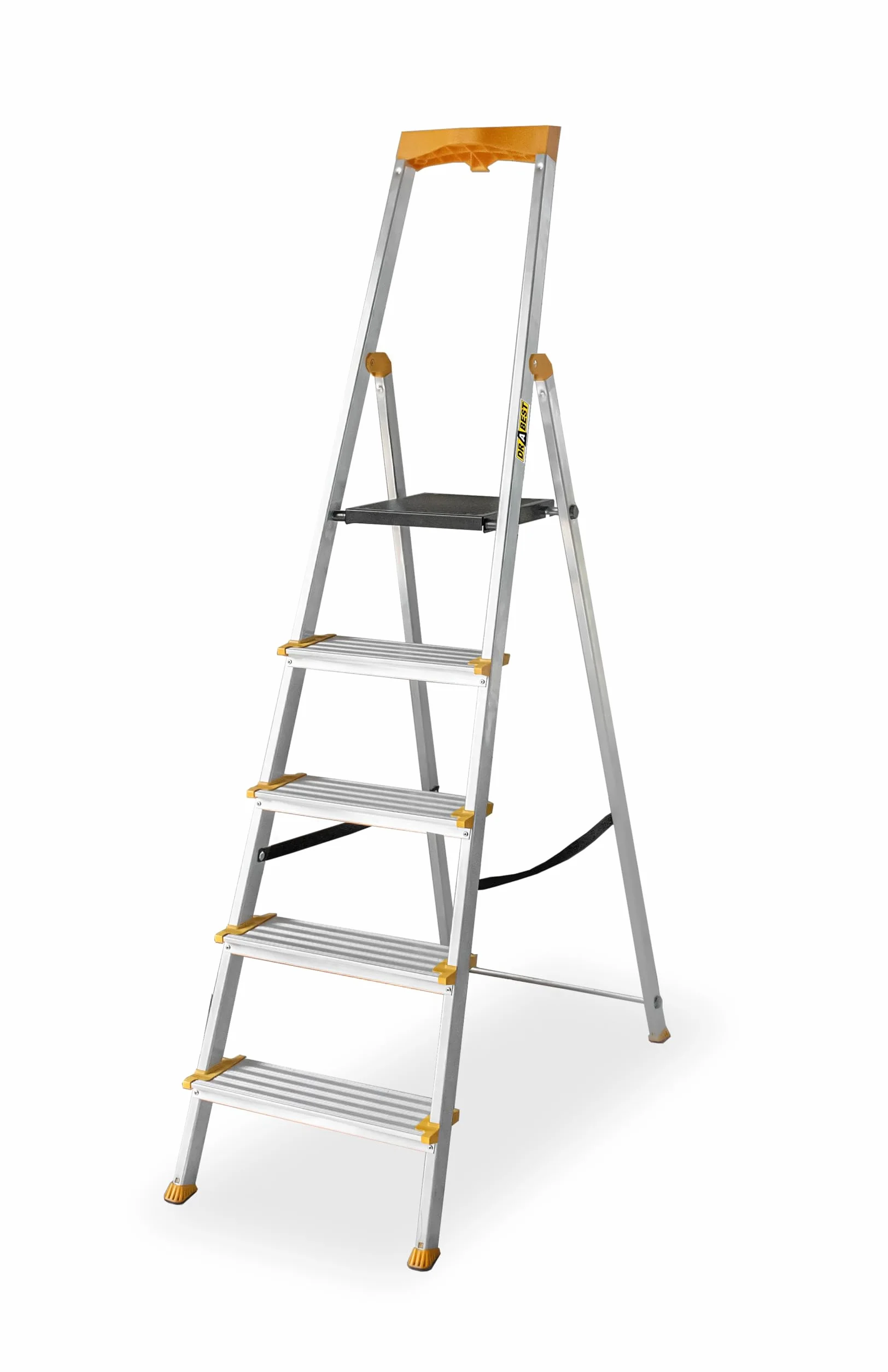 DRABEST Drabina schodkowa 5 stopni Składana - Drabina aluminiowa - Stabilna drabina składana z półką i szerokimi stopniami - 120 mm, antypoślizgowa - Drabina do użytku domowego i pracy - do 150 kg