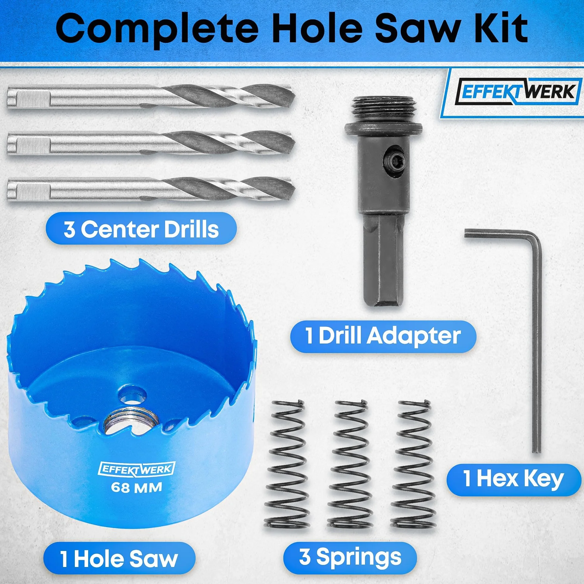 Hole Saw Drill Bit - 68mm - Includes 3 Centre Drills, Hex Key & Drill Adapter - Perfect for Soft Wood & PVC