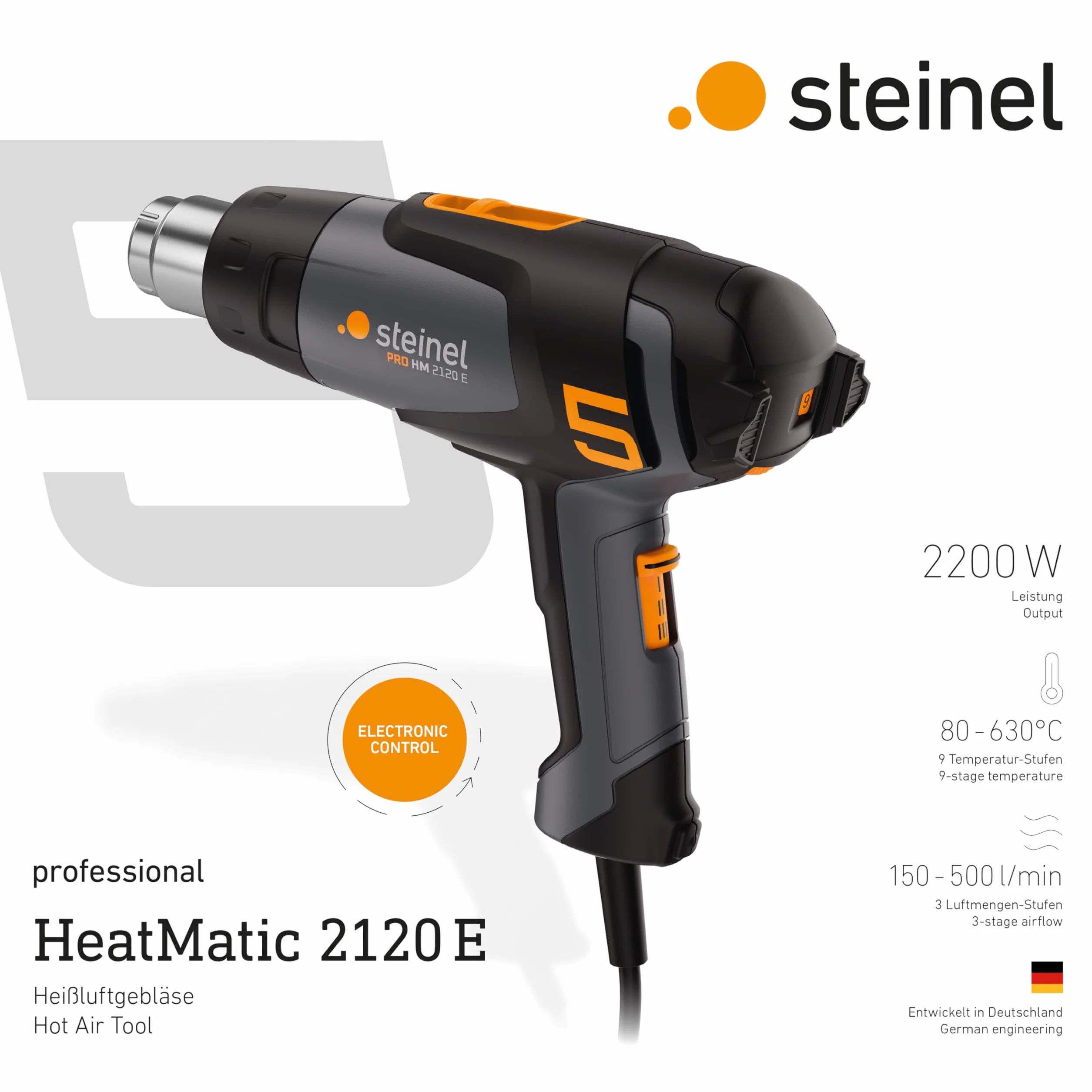 Steinel Pistolet grzewczy HM 2120 E, 2200 W, pistolet na gorące powietrze 80°-650°C, ochrona termiczna suszarki do włosów, ogrzewanie ceramiczne