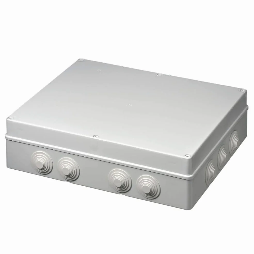 Zewnętrzna puszka przyłączeniowa IP55, prostokątna, 460 x 380 x 120 mm, wodoszczelna puszka przyłączeniowa do instalacji elektrycznej, przelotka kablowa, szara, pokrywa na zawiasach, idealna do