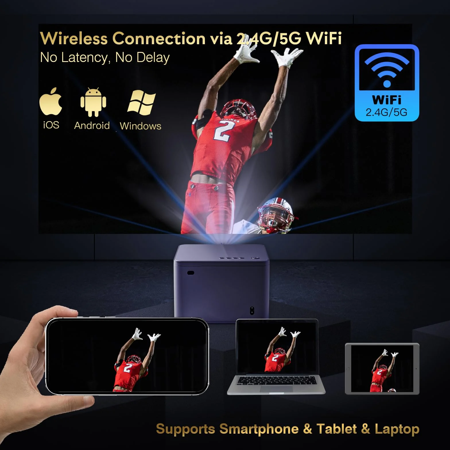 Projektor 4K (korekcja ostrości i geometrii trapezowej 6D/4P] 20000L Native 1080P 5G WiFi, dwukanałowy projektor Bluetooth, do kina domowego / na zewnątrz, do telewizora Stick/laptopa/telefonu