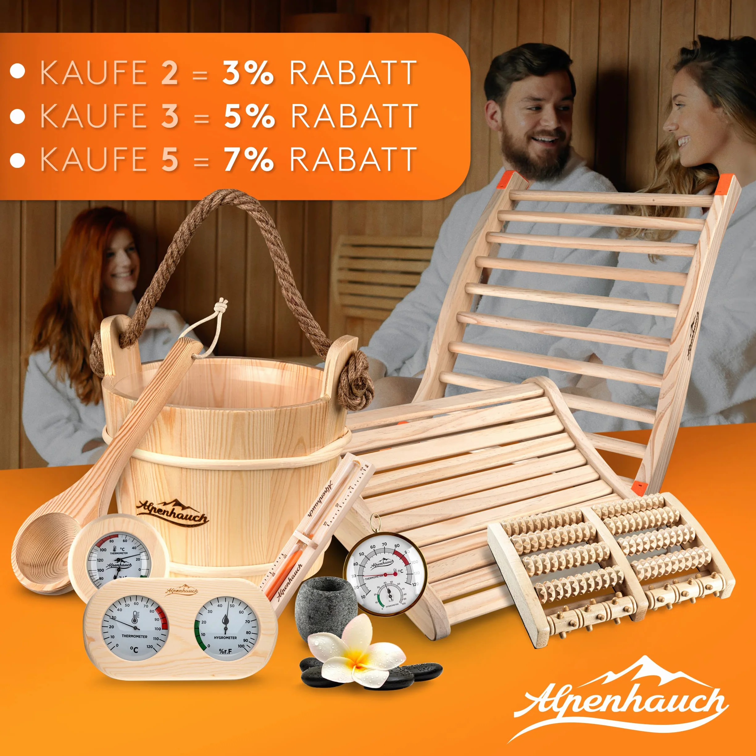 ALPENHAUCH Wiadro do sauny z chochlą [100% naturalne drewno] – elegancki zestaw do sauny z klepsydrą i termometrem / higrometrem – trwałe akcesoria do sauny – zestaw wiadra do infuzji wraz z