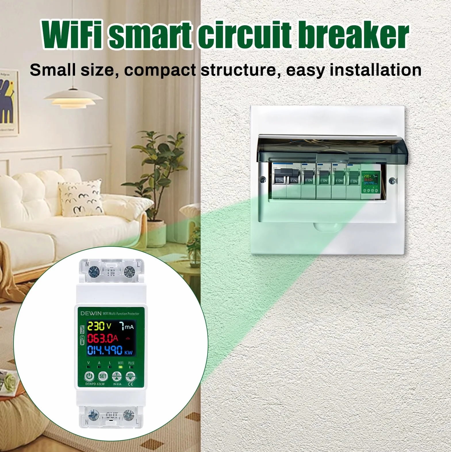 DEWIN miernik zużycia energii WiFi, 63A 230VAC Monitor energii Tuya WiFi Automatyczna ochrona przed przepięciami ochrona przed przeciążeniem (instrukcja w języku angielskim)