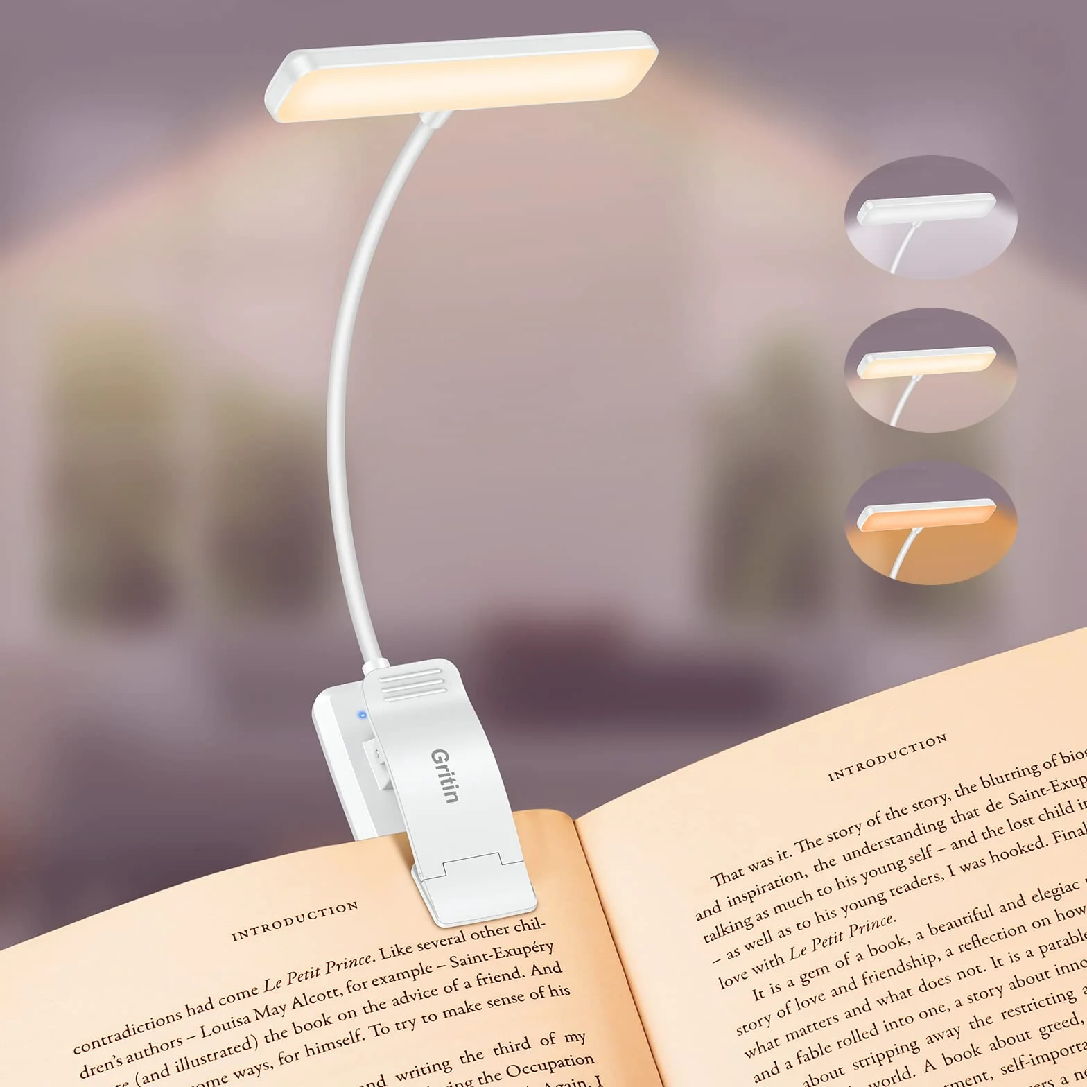Gritin Lampka do Czytania 19 LED, Ładowana Przez USB, 3 Tryby Temperatury Barwowej, Długa żywotność baterii, Płynna Regulacja Jasności, Elastyczna Lampka Zaciskowa 360° do Czytania w Łóżku -Biały