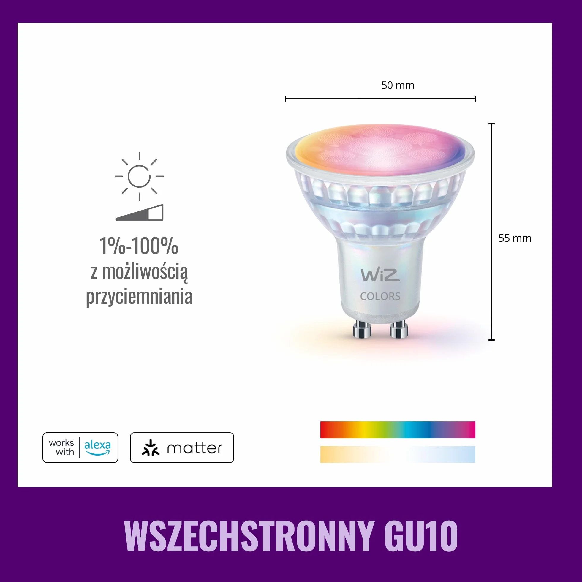 Szklany reflektor punkt WiZ Smart LED GU10, kolor i regul odcień białego światła, odpowiednik 50 W, 2200K–6500K, 345 lumenów, przyciemn, działa z Alexą, Google Assistant i Apple Home, op. 4 szt.