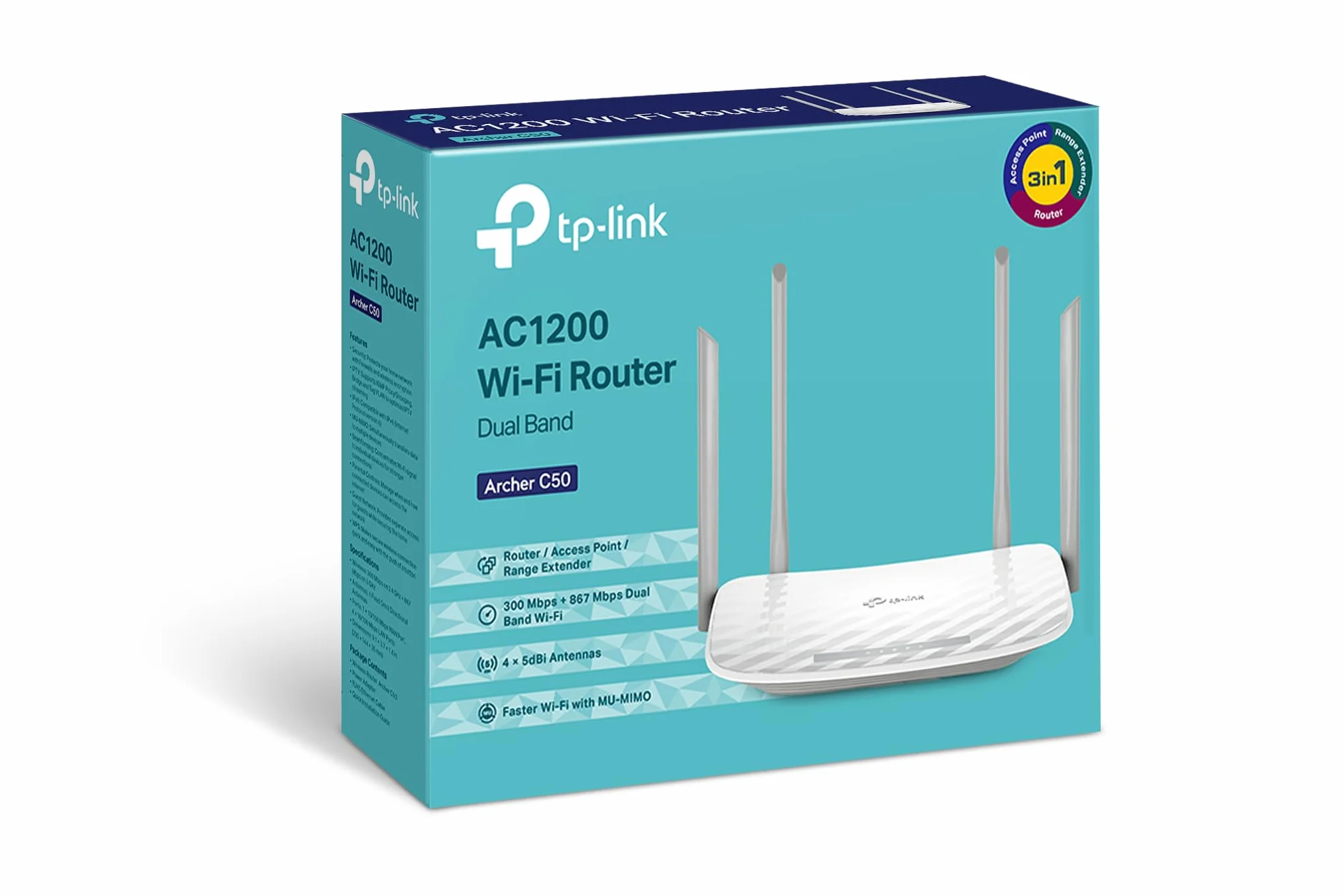 TP-Link Archer C50, Router Wi-Fi 5 AC1200 Dual-Band, 4 anteny, OFDMA, MU-MIMO 2×2, Sieć gościnna, Kontrola rodzicielska, 4× LAN + 1× WAN 100 Mb/s, Czarny