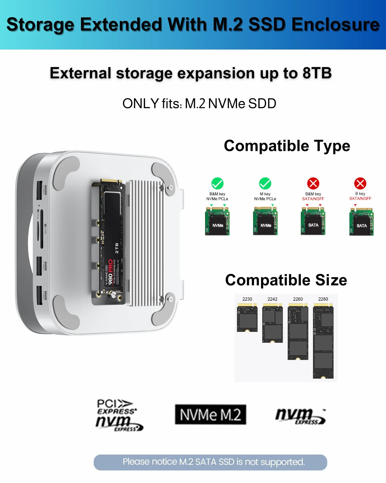 Stacja dokująca Mac mini M4, aluminiowy stojak i koncentrator do Mac mini M4 i M4 Pro 2024 z obudową M.2 NVMe SSD, 2 x USB-A 10 Gb/s, czytniki kart SD/TF, dane USB 2.0 (MC60)