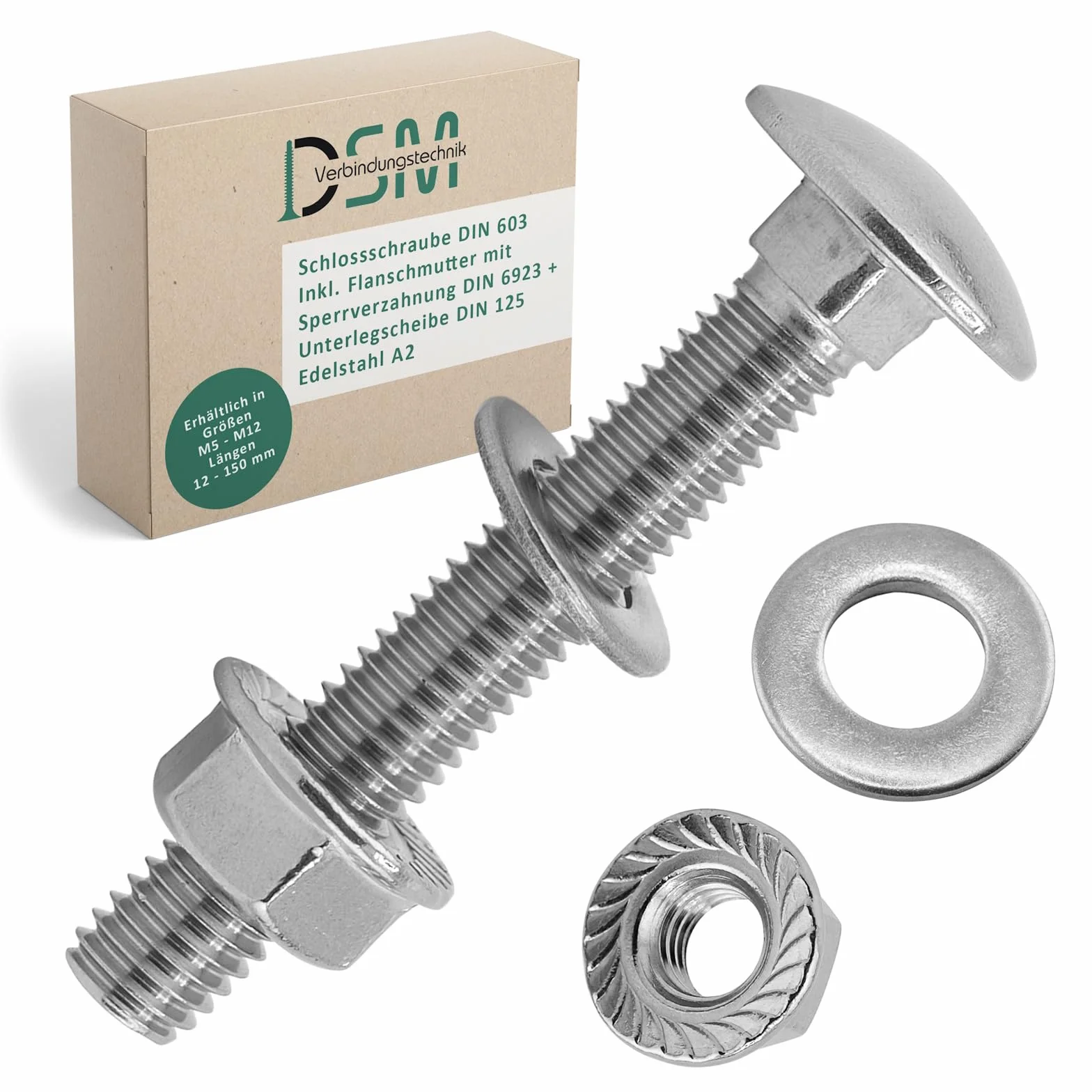 DSM – śruby zamkowe M12 x 25 mm zgodnie z DIN 603 – nakrętka kołnierzowa M12 z zębami blokującymi DIN 6923 i podkładką DIN 125 – stal nierdzewna A2/V2A – śruby z łbem płaskim – nakrętka sześciokątna