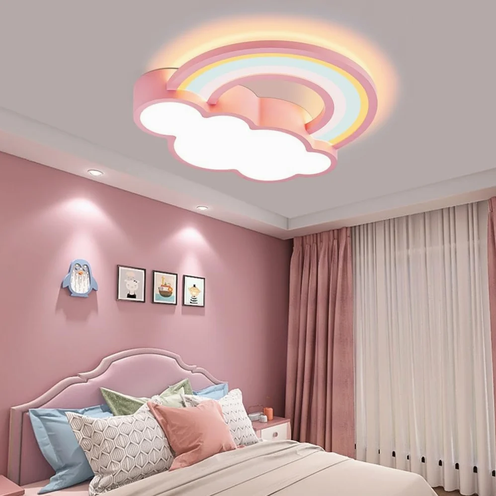 Pokój Dziecięcy Nowoczesna Lampa Sufitowa LED Kreatywna Chmurka Tęcza Z Pilotem Ściemniana Bezstopniowo Odpowiednia Dla Chłopców I Dziewczynek Pokój Dziecięcy Salon Sypialnia Korytarz Różowy