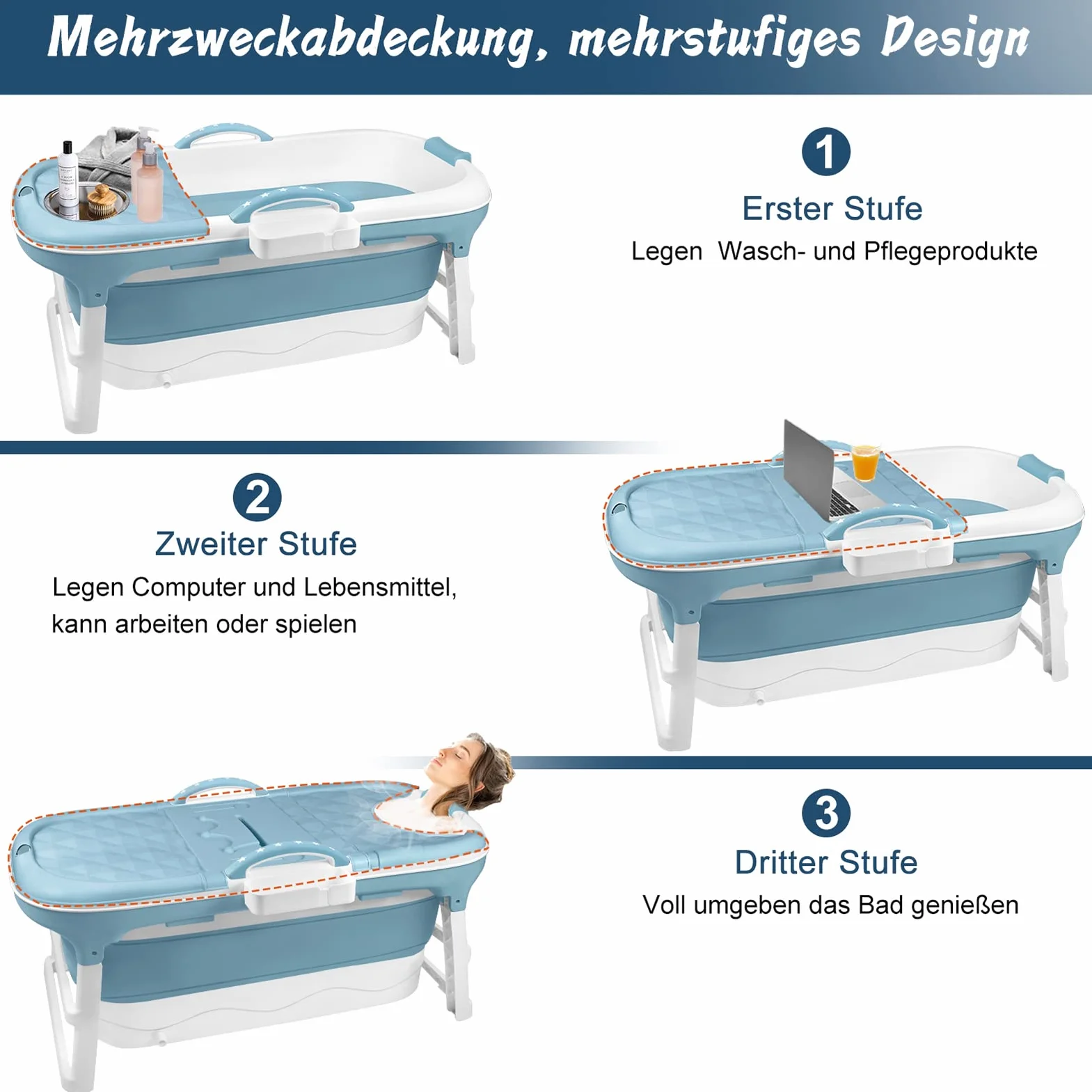 LZQ Składana wanna dla dorosłych, mobilna wanna ze zdejmowaną pokrywą, podłokietnik, kosz na mydło PP + TPE, składana wanna do łazienki, SPA, 118 x 62 x 53 cm, niebieska