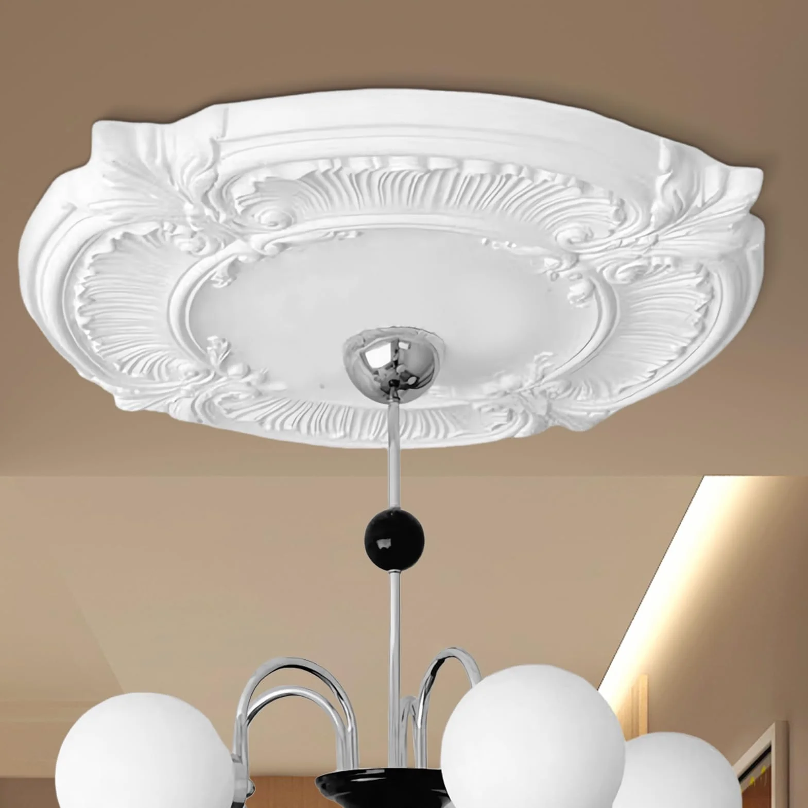 Rozeta sufitowa, biała, Ø 30,48 cm, poliuretan, element ozdobny, sztukateria, dekoracja ścienna, lampa do salonu, lampa z polistyrenu, okrągła, średnica wewnętrzna: 8,71 cm, 1 para medalionów
