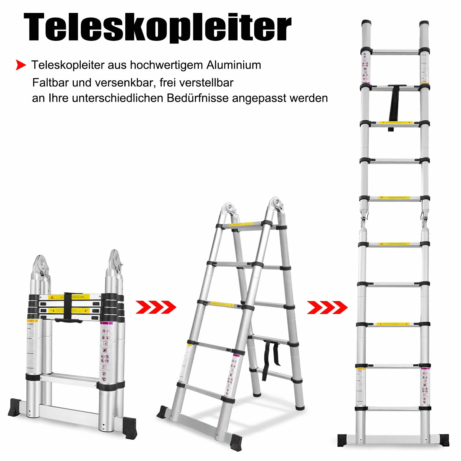 UISEBRT Składana drabina teleskopowa, 5 m, aluminiowa składana, rozsuwana, 2,5 m + 2,5 m, obciążenie do 150 kg, srebrna