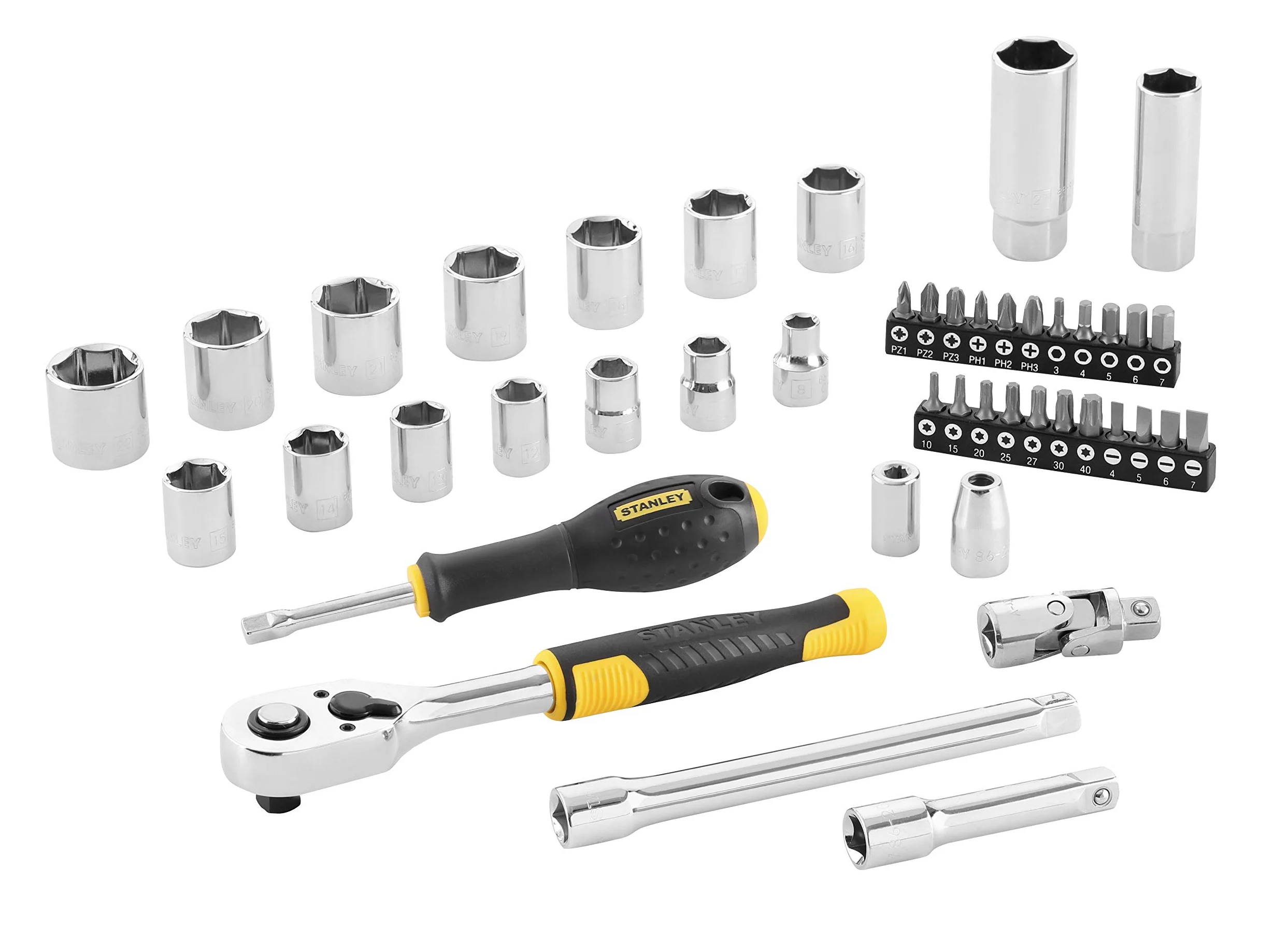 STANLEY Solidny Juego nasadki 3/8" - 45 elementów dla profesjonalistów i majsterkowiczów do codziennego użytku ergonomiczna konstrukcja