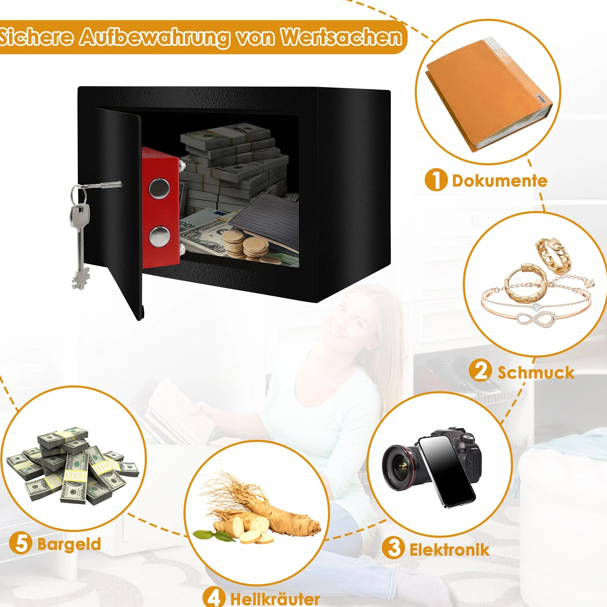 UISEBRT Sejf meblowy z zamkiem dwubrodowym – sejf na klucze, zamykana, na pieniądze, do domu, biura, hotelu, 31 x 20 x 20 cm, czarny