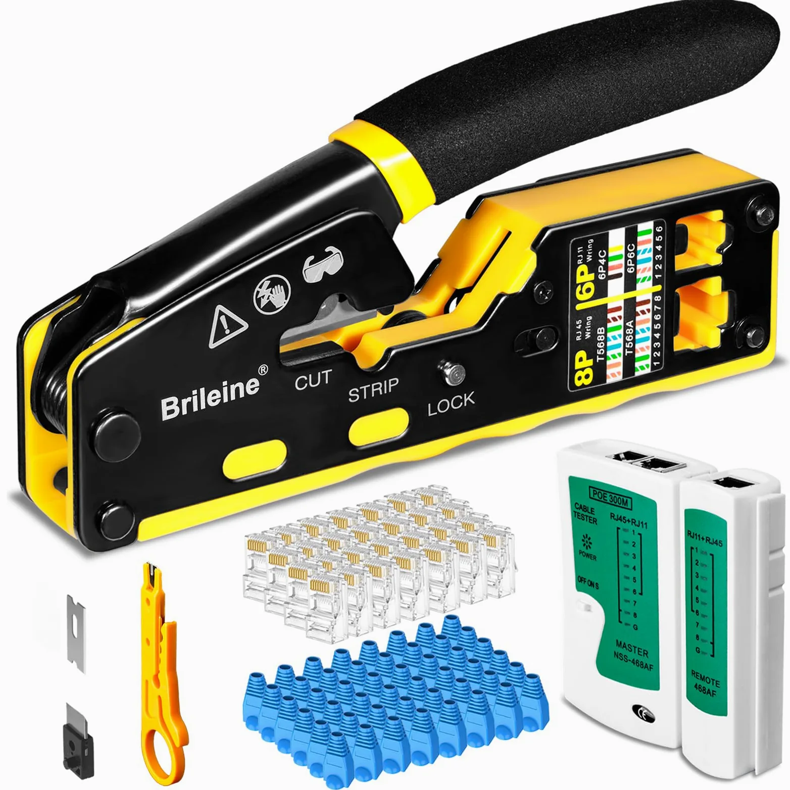 Brileine Zestaw zaciskowy RJ45 - narzędzie do zaciskania RJ45 Cat5 Cat5e Cat6 narzędzie do zaciskania RJ11/12/RJ45 6P/8P z testerem kabli sieciowych LAN, 50 szt. złączy CAT6