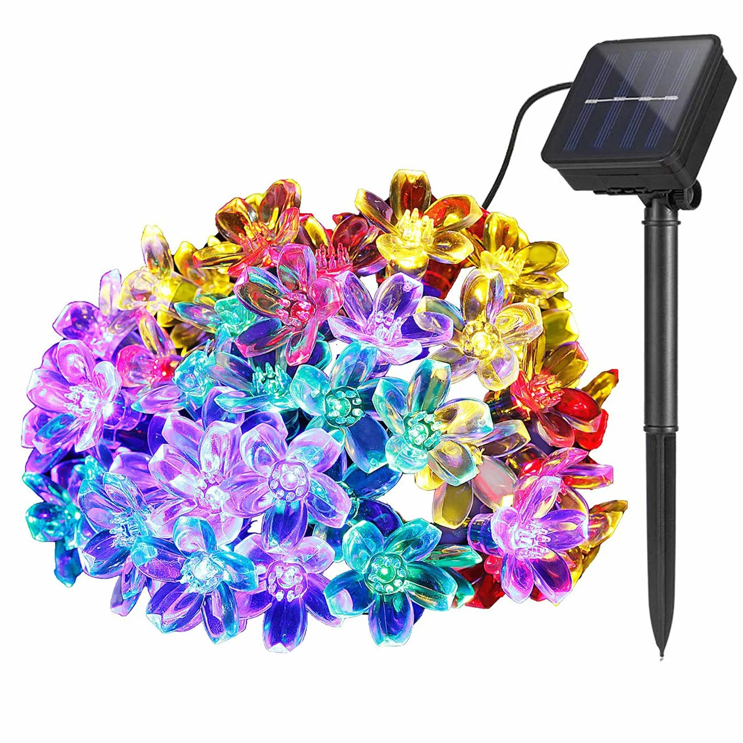Solarny łańcuch świetlny na zewnątrz do ogrodu, 6,5 m, 50 diod LED, kwiaty, wodoodporny, zasilany energią słoneczną, łańcuch świateł, dekoracja, festiwal, kolorowe światło, na imprezę, ślub, patio, Boże Narodzenie, dekoracja, wielokolorowa