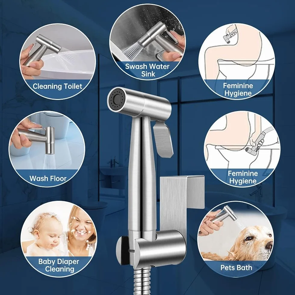 Natrysk Higieniczny (Bidet) ze Stali Nierdzewnej Szczotkowanej, Zestaw z Wężem i Zaworem G1/2” + G3/8” - do Toalety, Podmywania i Czyszczenia