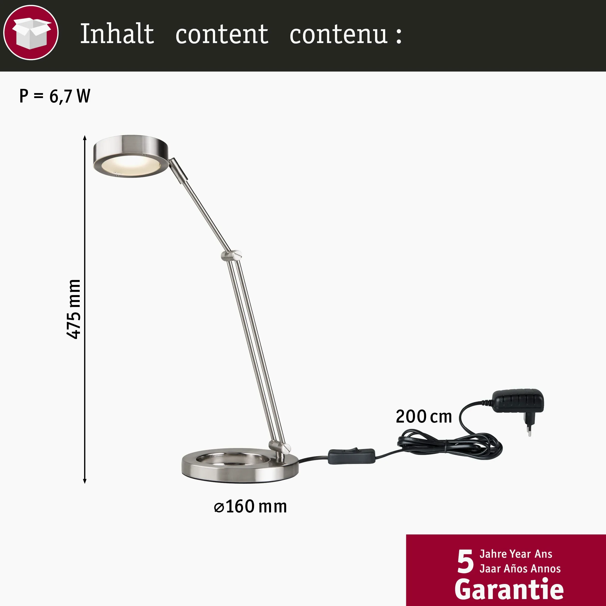Paulmann 70245 table&desk Zed lampa na biurko 6,7W żelazo szczotk./metal 70245 nowoczesna lampa stołowa oprawa stołowa lampka do czytania biuro