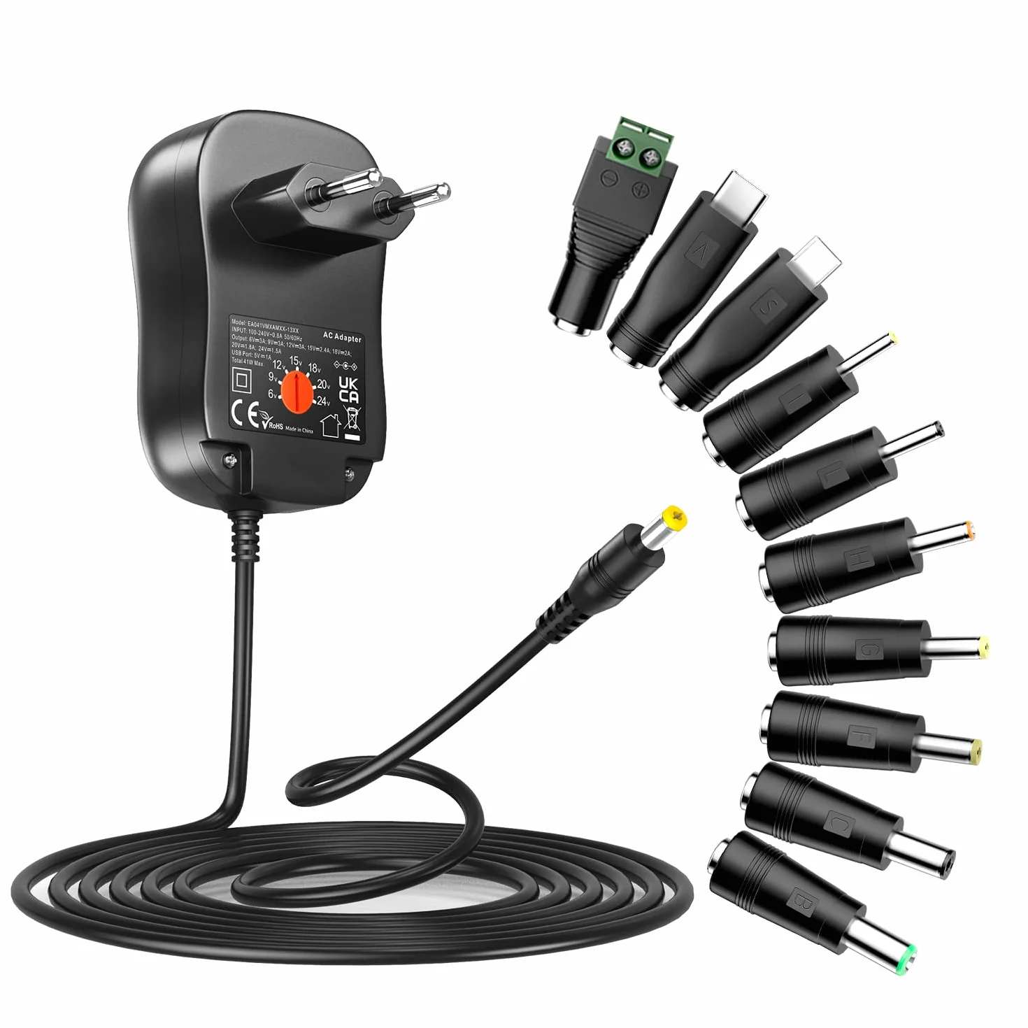 Zolt 41 W Uniwersalny zasilacz AC na DC 6 V 9 V 12 V 15 V 18 V 20 V 24 V 1 A 1,5 A 2 A Przełączanie zasilania z portem USB 5 V 1 A i 10 złączami DC do urządzeń elektronicznych