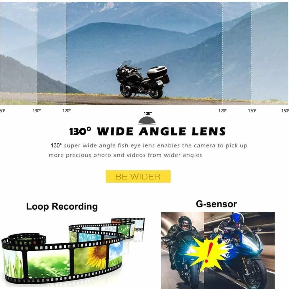 VSYSTO Motocykl Dashcam 130° Szerokokątny soczewek, 1080P podwójne kamery przednie i tylne, bez ekranu, WiFi, noktowizor, G-Sensor, nagrywanie pętli