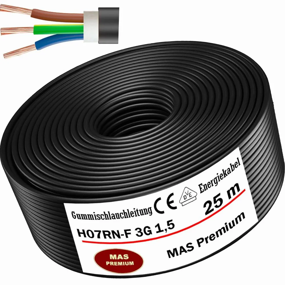 Przewód gumowy od 5 do 100 m, kabel zasilający na plac budowy H07RN-F 3G1,5 mm², elastyczny przewód z przewodem ochronnym do ciężkich urządzeń (25 m)