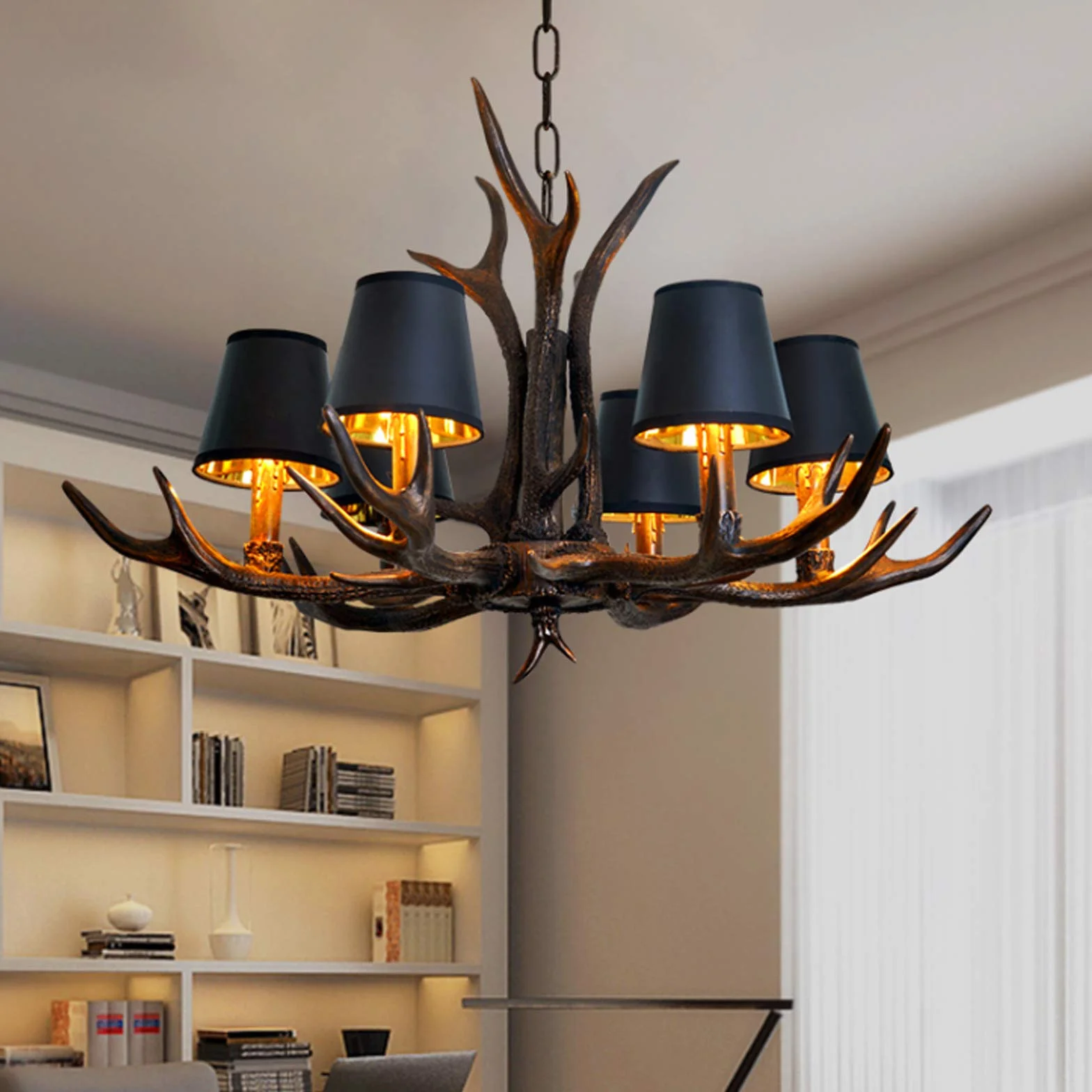Żyrandol w stylu vintage, retro, E14, w kształcie poroża, żywica, 6 lamp, industrialny, dekoracyjny, do apartamentu, z regulacją wysokości, z abażurami, oświetlenie salonu, baru, kawiarni, jadalni