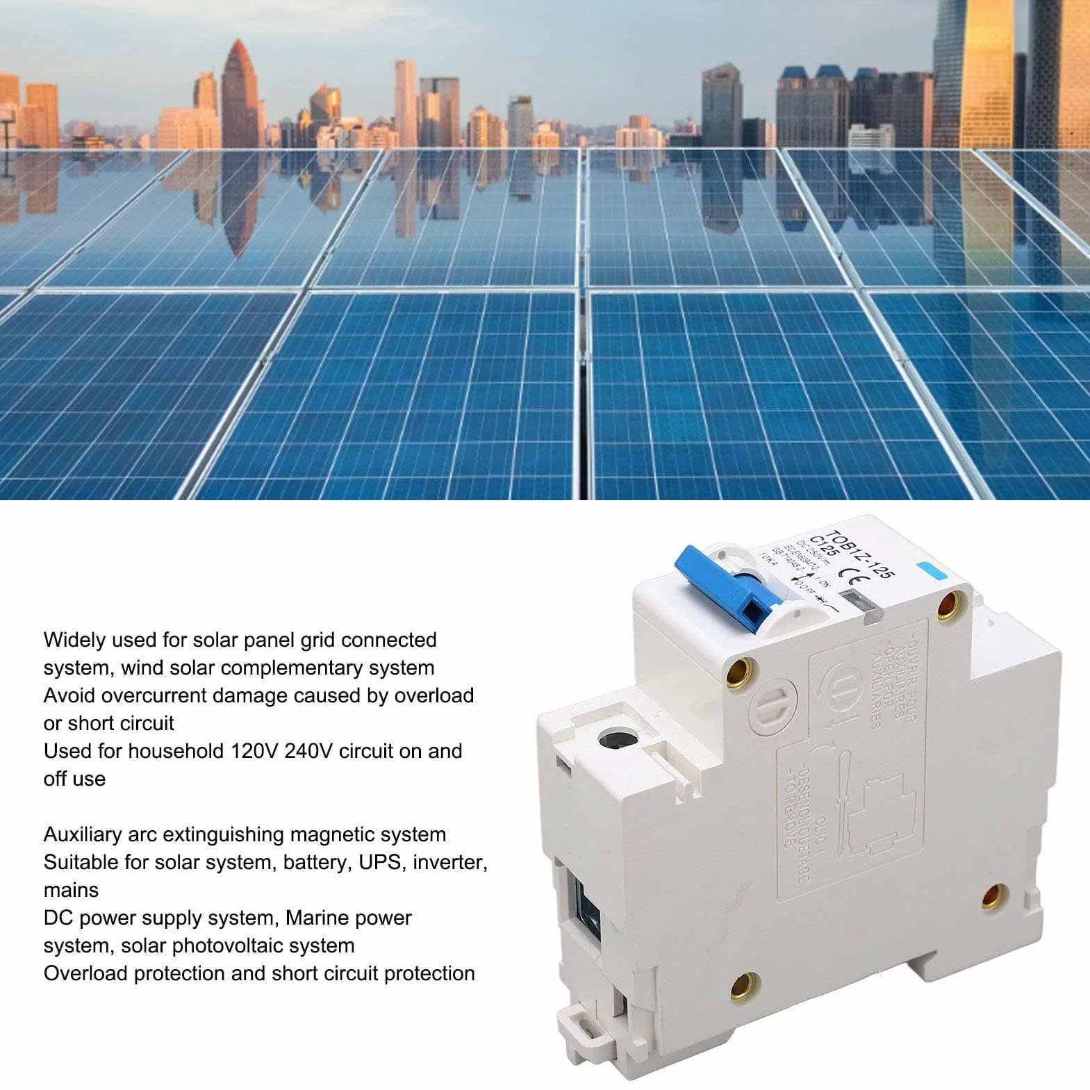 Miniaturowy Wyłącznik Prądu Stałego, 125A DC250V 1P Zabezpieczenie Wyłącznika do Systemu Fotowoltaicznego Samochód Elektryczny, Mocowanie DIN 35mm