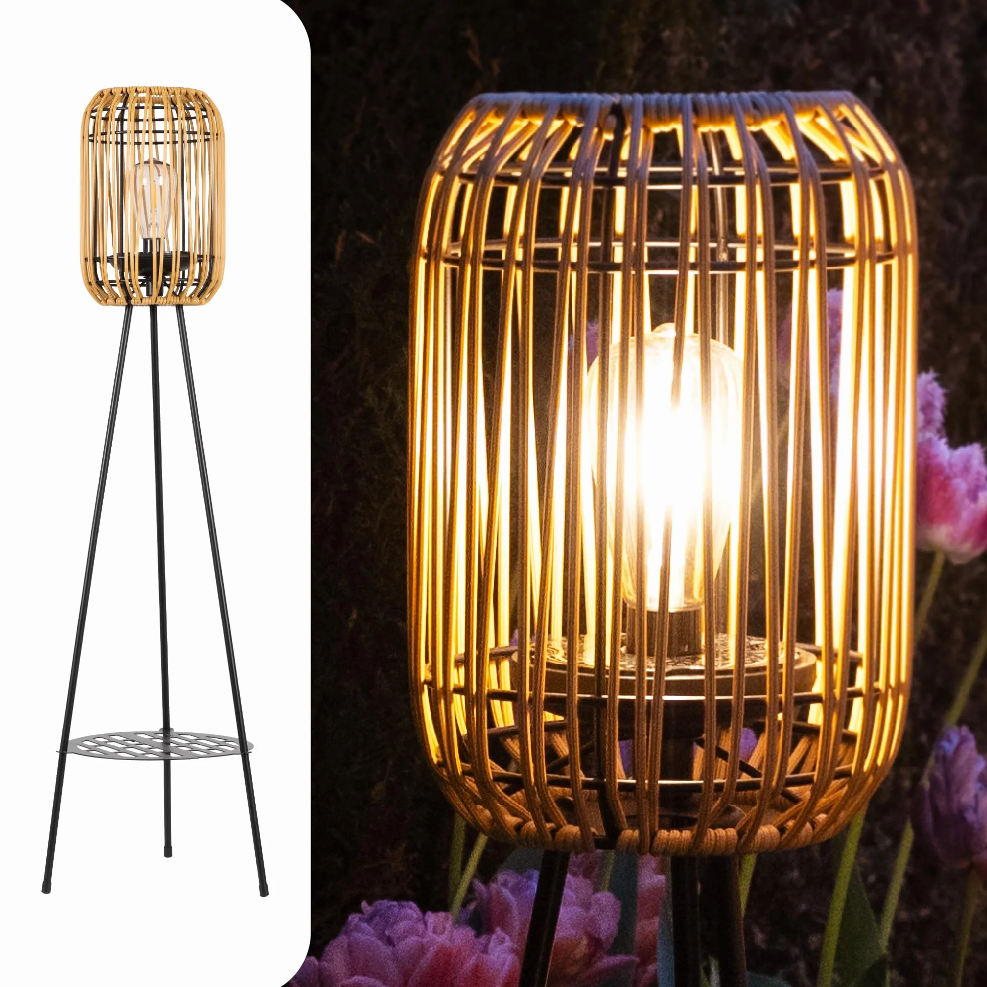Gadgy Lampa Stojąca Solarna Na Zewnątrz - Rattanowa LED Na Trójnogu, Wodoodporna Lampa Ogrodowa Do Balkonu, Tarasu i Patio, Zrównoważone Dekoracyjne Oświetlenie Zewnętrzne